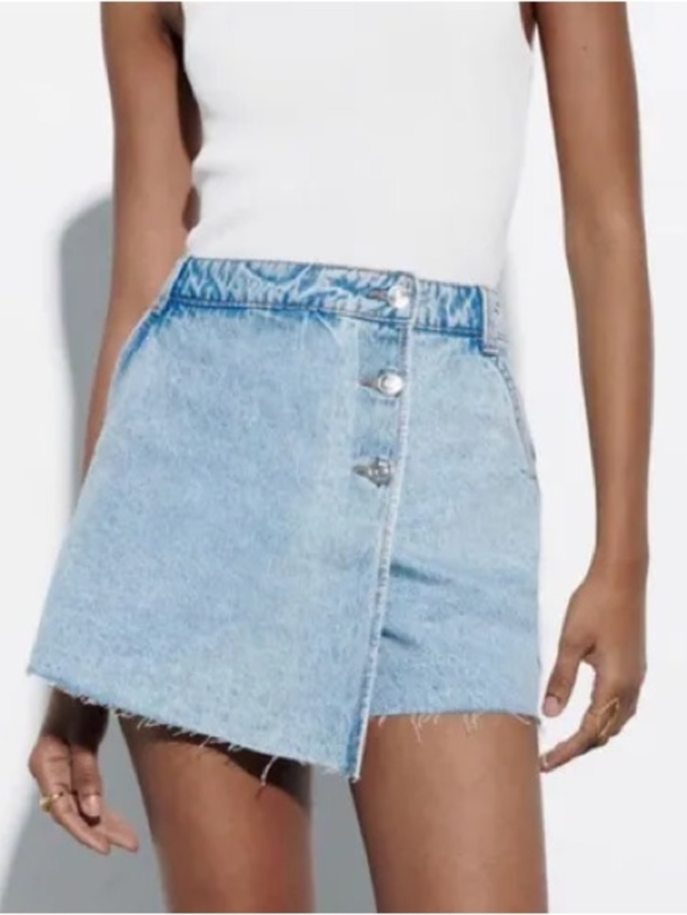 Zara Light Blue Denim Mini Skirt with Asymmetrical Button Front